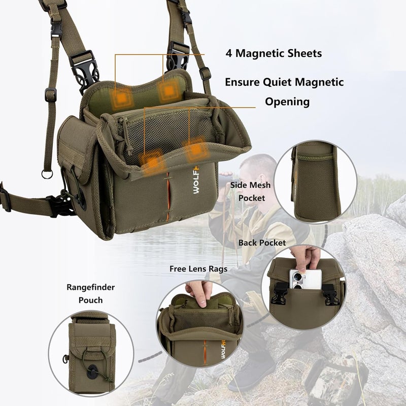 WOLFHUNT Binoculars Harness for Hunting with Rangefinder Pouch, Binocular Chest Pack Built-in Magnetic Snap Design, Bino Harness Bag Case Adjustable Strap, Lens Cleaning Cloth, Triple-Use - Image 3